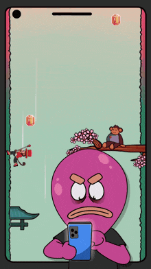 a cartoon character is holding a cell phone in front of a stop sign