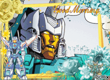 a picture of a robot with the words " good morning " on it