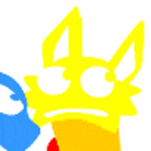 a cartoon drawing of a yellow fox with a blue circle around its neck .