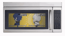 a microwave with a cartoon on the screen that says 5000