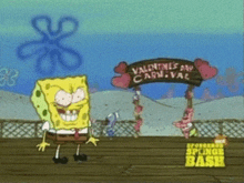 a cartoon of spongebob standing in front of a sign that says valentines day carnival