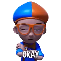 a cartoon character is wearing glasses and a blue shirt that says okay