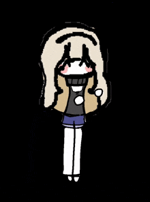 a cartoon drawing of a girl with blonde hair and white pants