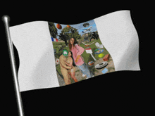 a white flag with a picture of a woman holding a child