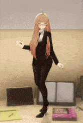 a girl in a suit and glasses is dancing in a room