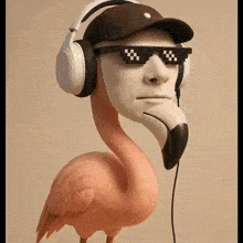 a flamingo wearing headphones and sunglasses has a man 's face on its head .