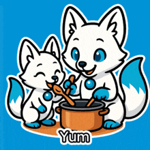 a couple of foxes are cooking in a pot with the word yum below them