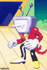 a pixel art drawing of a cartoon character with a television head