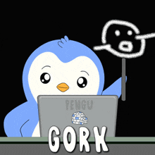 a penguin is sitting in front of a laptop and holding a sign that says " gork "