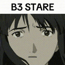 a close up of a cartoon character 's face with the words `` b3 stare '' written below it .