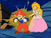 a cartoon of mario and princess peach dancing together
