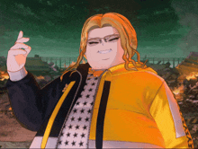 a cartoon character wearing a yellow jacket and a black shirt with stars on it