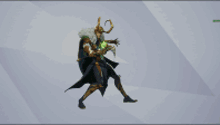 a cartoon of loki holding a spear with a green light behind him