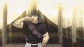 a man in a black shirt with purple muscles is standing in front of a tent
