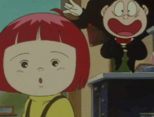 a girl with red hair is standing next to a boy with black hair