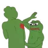 two green frogs are standing next to each other . one of the frogs is pointing at the other frog .