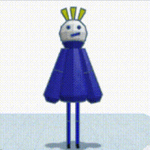 a cartoon character with a blue sweater and yellow ears is standing on a white surface .