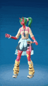 a girl with horns and green hair is wearing a school uniform
