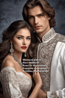 a man and a woman are posing for a picture and the caption reads weekend placut nice weekend buen fin de semana