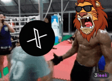 a cartoon of a lion wearing sunglasses and a black circle with a cross on it