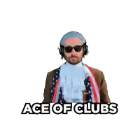 a man in a costume holding a playing card with ace of clubs written below him