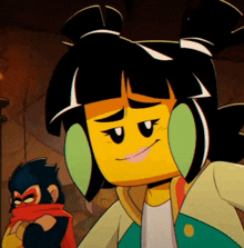 a close up of a cartoon character with a monkey in the background .