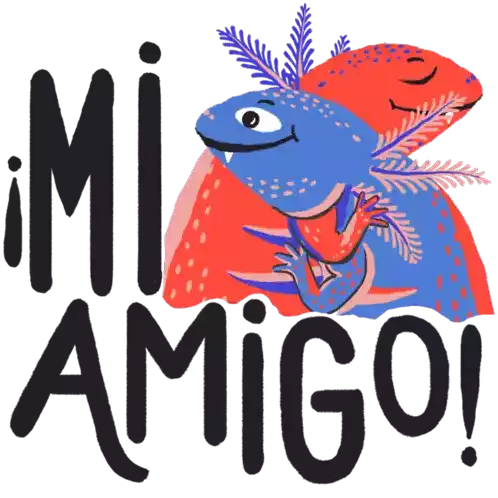 álvaro Hugging His Axolotl Friend With Caption My Friend In Spanish Sticker - álvaro El Axolotl Friend Amigo Stickers