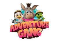 an adventure gang logo with a donkey eagle and turtle on it