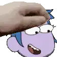 a person is putting a donut on top of a purple cartoon character 's head .