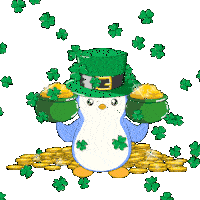 a penguin in a leprechaun hat holds pots of gold