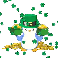 a penguin in a leprechaun hat holds pots of gold