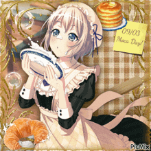 a girl in a maid outfit is holding a plate with a note that says maca day