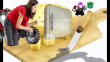 a woman is cutting a piece of cheese that says kaaavoki