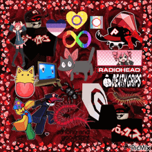a radiohead death grips sticker is surrounded by other stickers on a red background