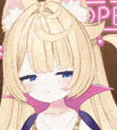 a girl with blonde hair and blue eyes is standing in front of an open sign