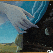 a painting of a woman 's hand with pixiz written on the bottom right corner