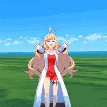 a girl in a red dress and white coat stands in a field