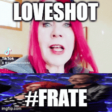 a woman with pink hair says loveshot #frate in front of a blue background