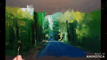 a painting of a road going through a forest is made in animatica