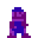 a pixel art of a purple man with a hat and overalls .