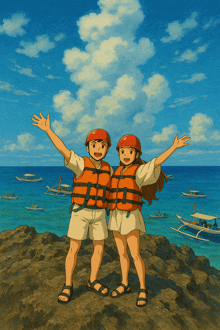 a boy and a girl are standing on a rock with their arms outstretched