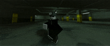 a cartoon character is standing in a dark room with yellow stripes on the walls