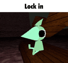 a cartoon drawing of a green bird with the words lock in below it