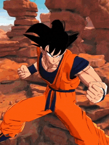 a cartoon character named goku is standing on a rock in the desert