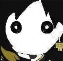 a close up of a cartoon character 's face with big eyes and a black background .