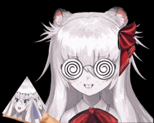 a girl with white hair and hypnotic glasses looks at a pyramid