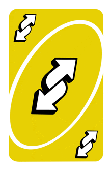 the back of a yellow uno card with arrows pointing in opposite directions