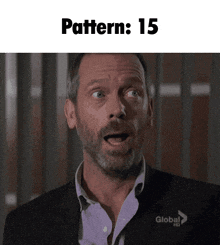 a man with a surprised look on his face and the words pattern 15