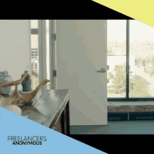 an advertisement for freelancers anonymous shows a person sitting at a table
