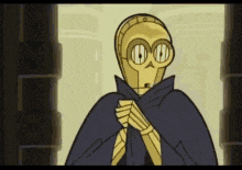 a cartoon drawing of a robot wearing a cape and glasses